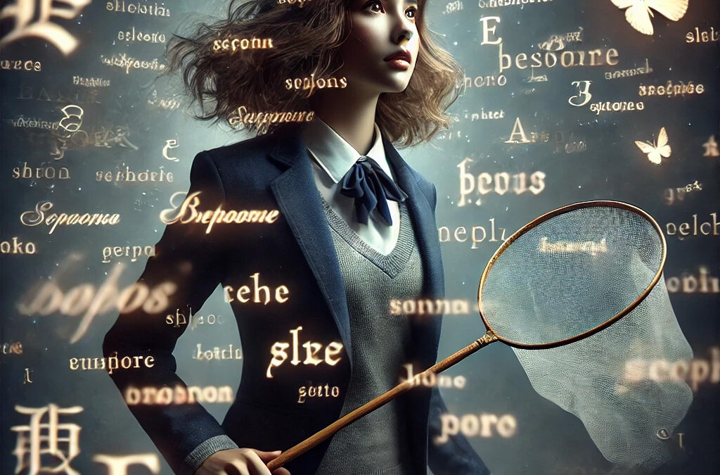 Young girl with a butterfly net, surrounded by floating words